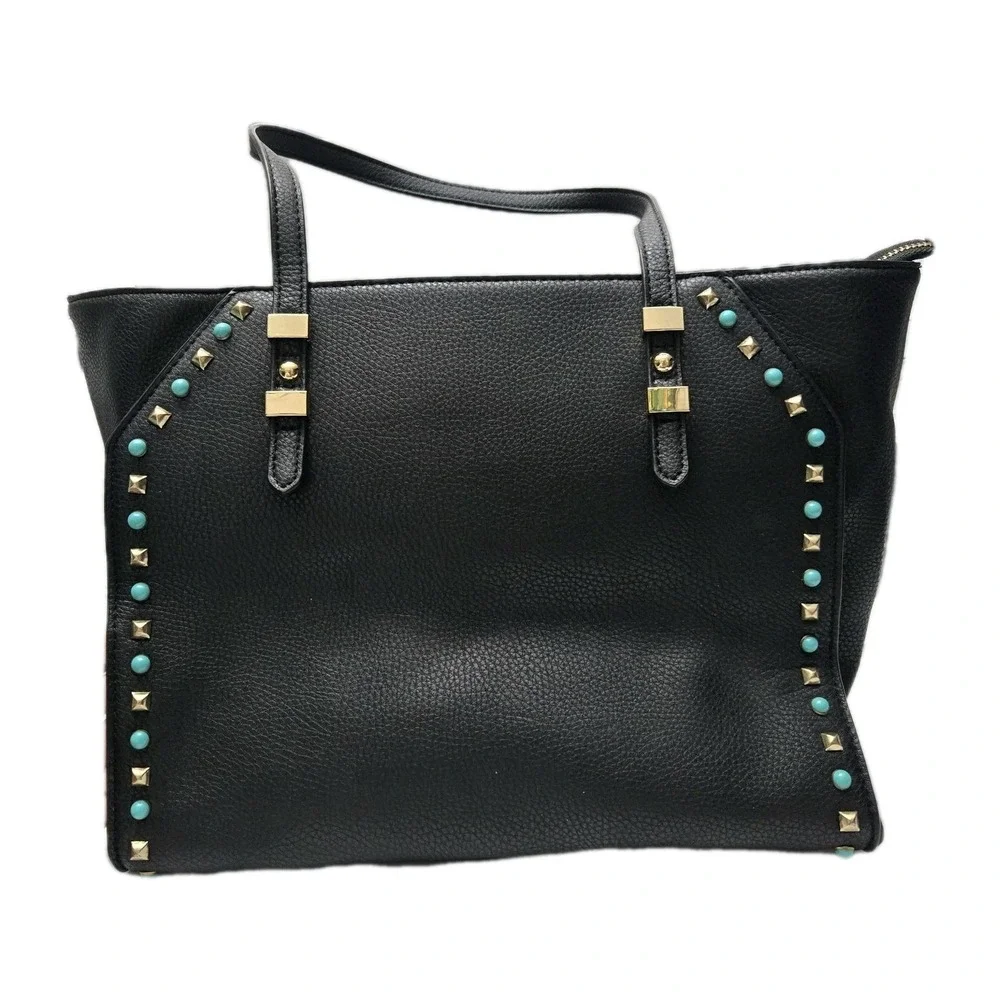 Charming Charlie Black Tote Bag With Studs And Turquoise Office Work Indie‎